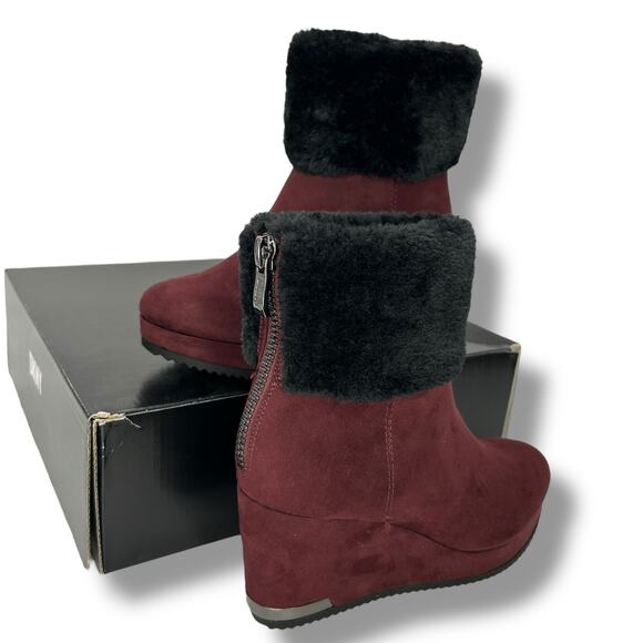 NEW DKNY Red Wedge Boots Size 5.5 Merlot Maroon Faux Fur Winter Booties Heels - Picture 5 of 12
